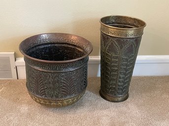 Two Handmade Brass/copper Vase & Umbrella Holder L47