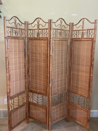 Decorative Bamboo Room Divider W/ 4 Ornate Panels Framed With Bamboo, Screen Inserts, & Hinged Panels L65