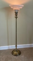 Antique Brass Floor Lamp With Beautiful Milk Glass Shade, Scalloped Rim, & Heavy Weighted Base L68