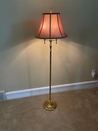 Vintage Petite Brass Floor Lamp With 3 Candle Lights, Copper Silk Shade, & Brass Finial L76