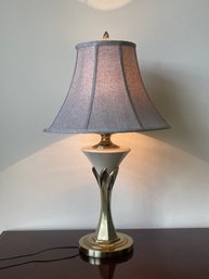 Vintage Stiffel Style Heavy Cast Brass Trophy Table Lamp With Ivory Enamel, & Silver Gray Silk Shade L77