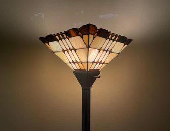 Tiffany Style Torchiere Floor Lamp With Heavy Square Base, Pewter Clean Finish, & Amber Glass Accents L81