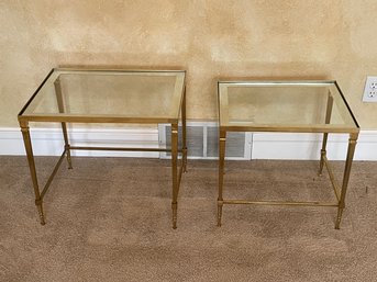 Vintage C.1950s Set Of Two Modern Polished Brass & Mirror Framed Glass Nesting Tables W/ Ferrule Detailing B7