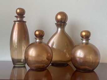 Lot Of 4 Gold/copper Glass Decanters B9