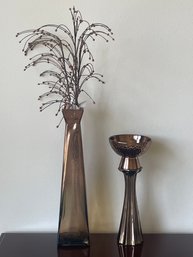 Lot Of 3 Decorative Pieces, Tall Glass Vase W/ Glass Beaded Branches, Ceramic Pillar Candle Holder, & Bowl L89