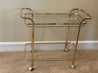 Excellent Condition Vintage MCM 2 Tier Brass On Casters W/ Glass Top Lower Shelf Tea/Bar Cart L94