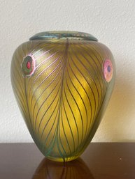 Vintage Robert Held 'evolution' Iridescent Peacock Feather Designed Vase Signed W/ Original Paper Sticker L102