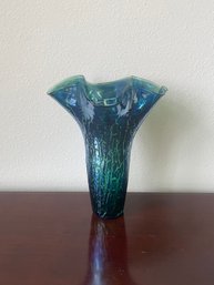 Blue Iridescent Hand Blown Art Glass Ruffle Vase With Incised Pattern L103