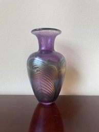 Large Robert Held Handmade Art Glass Vase With Purple Feathered Design & Signed Original Paper Label L104