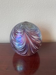 Art Glass Iridescent Purple Bud Vase With White Swirl L105