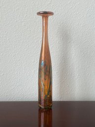 Small Vintage Robert Held Iridescent Art Glass Vase With Copper Feather Pulled Design & Signed By Artist