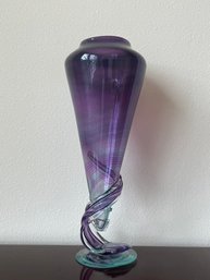 Large Art Glass Purple Swirl Footed Suspended Vase, Held By Glass Ribbon L109