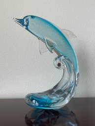 Excellent Condition Vintage Hand Blown Glass Dolphin On Wave Signed FM Konstglas/Sweden  L110