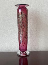 Vintage Hand Blown Iridescent Magenta & Gold Feather Design Glass Bud Vase Signed  L111
