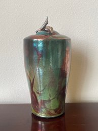Traditional Raku Iridescent W/ Leaf Patterns & Branch Like Lid Handle Urn By Jan Rowen L114