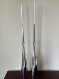 Pair Of Ceramic Silver Candle Holders With Drip Cups & Tapers L116
