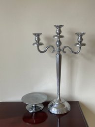 Lot Of 2, Monumental Silver Finish Table Top Candle Holder/candelabra & Silver Cake/display Pedestal L117