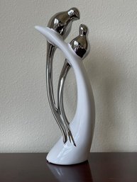 Modern White & Silver Ceramic Lovebirds Sculpture L119