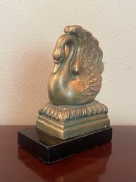 Vintage Bronze Finish Swan Bookend On Black Marble F12