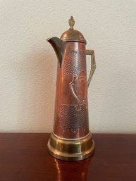 C. 1900 Antique German Art Nouveau Hammered Copper Carafe W/ Brass Base, Handle, Lid, & Spout L129