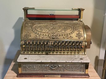 Antique Brass National Cash Register Model #356 With Marble Top, Numerical Pop-up Indicator, & Oak Base D1