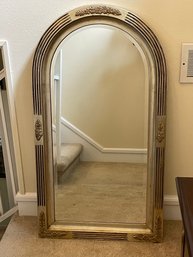 Antique Silver Finish Decorative Wall Mirror W/ Fluted Floral Details, Arched Top, & Heavy Wire Hanger D4