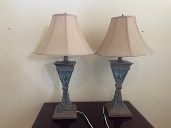 Pair Of Cast Metal Table Lamps W/ Antique Bronze & Pewter Finish, 3 Way Switch, Pale Bolo Silk Shade D7