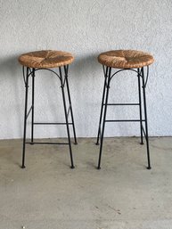 Pair Of Black Iron Counter Stools With Rush Seats D10