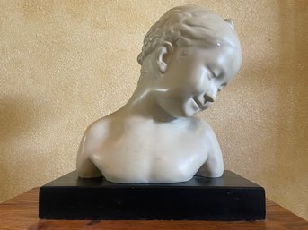 Vintage Ceramic Bust Of Young Smiling Girl Repro Of French Sculptor Jean-baptiste Pigalle W Black Wooden Base