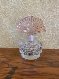 Vintage Crystal Art Deco Perfume Bottle With Pink Fan Stopper B30