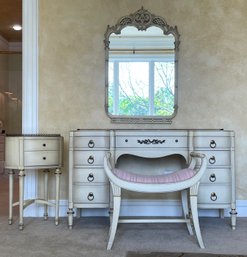 4pc Vintage Antiqued Ivory Finished French Inspired Dressing Table, Mirror, Bench, & Oval Side Table B54