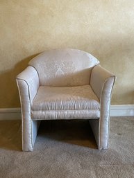 Upholstered Postmodern Club Chair White Damask With Curved Arms & Back 56