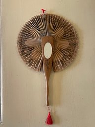 Made In Italy Antique Ladies Paper Fan W/ Beveled Mirror & Sorrento Ware Inlaid Wood Handle B57