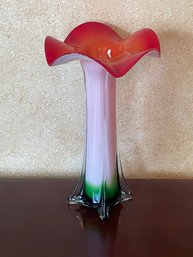 Vintage 1990s Post Modern Clear, Pink, Green, Red Ombre Tall Calla Lily Hand Blown Glass Vase B66