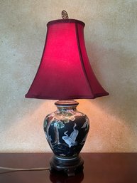 Dan Thomas Vintage Asian Style Porcelain Table Lamp W/ Red Silk Shade, Brass Finial, & 3 Way Switch B75