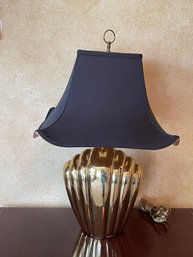 Vintage Homestead House Brass Table Lamp W/ Black Silk Shade, Ring Finial & 3 Way Switch B76