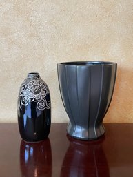 2pc Lot Slightly Iridescent Black Ceramic Vase W/ Mod Floral Designs & Black Vase W/ Matte Glaze B80