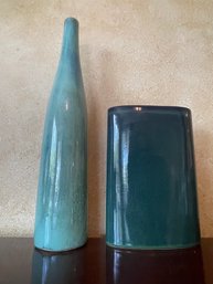 2pc Lot Tall Iridescent Green/blue Hand Thrown Vase Signed 'amy' B83