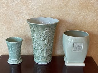 3 Pc Lot Of Celadon Green Vases, Jardiniere, & Waste Basket B85
