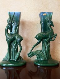 Pair Of Vintage Royal Haeger Art Deco Leaping Gazelle Ceramic Vases B86