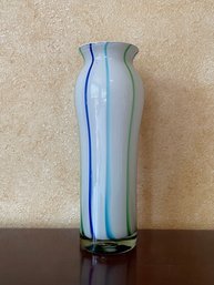 White Mouth Blown Glass Vase W/ Blue, Aqua, & Green Stripes B87