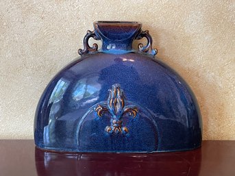 Large Decorative Pottery Vase Dark Blue Glaze W/ Fleur De Lis Detailing B90