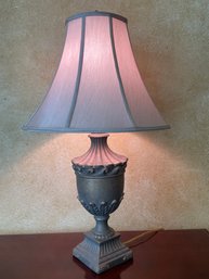 Legacy Cast Urn Shaped Table Lamp W/ Classical Details, Antique Bronze Finish, & Pale Taupe Silk Shade B96