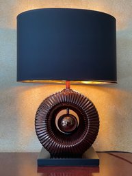 Copper Lustre Ceramic Table Lamp With Black Metal Base, Black Silk Shade, Gold Lining, & Ball Finial B97