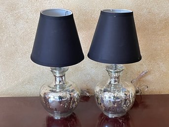 Pair Of Small Mercury Glass Table Lamps With Black Silk Shades B98