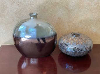 2pc Lot Of Iridescent Ceramic Copper Silver Vase & Mosaic Glass Vase W/ Silver & Gold B101