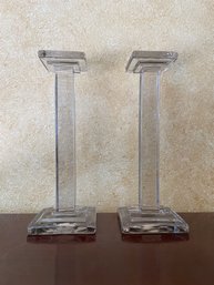 Pair Of Vintage Modern Heavy Crystal Candlestick Column Shaped With 3 Stepped Tiered Bases B105