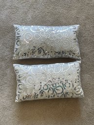 Pair Of White Lined Throw Pillows W/ Sequins B109
