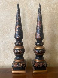 Pair Of Black & Gold Ceramic Chinoiserie Accent Finials F39