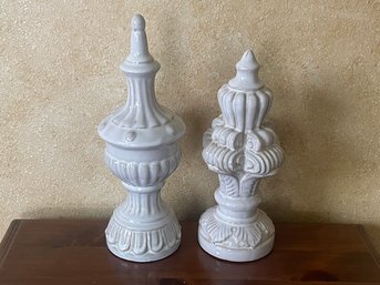 Pair Of Decorative Ceramic Finials W/ White Washed Glaze F52